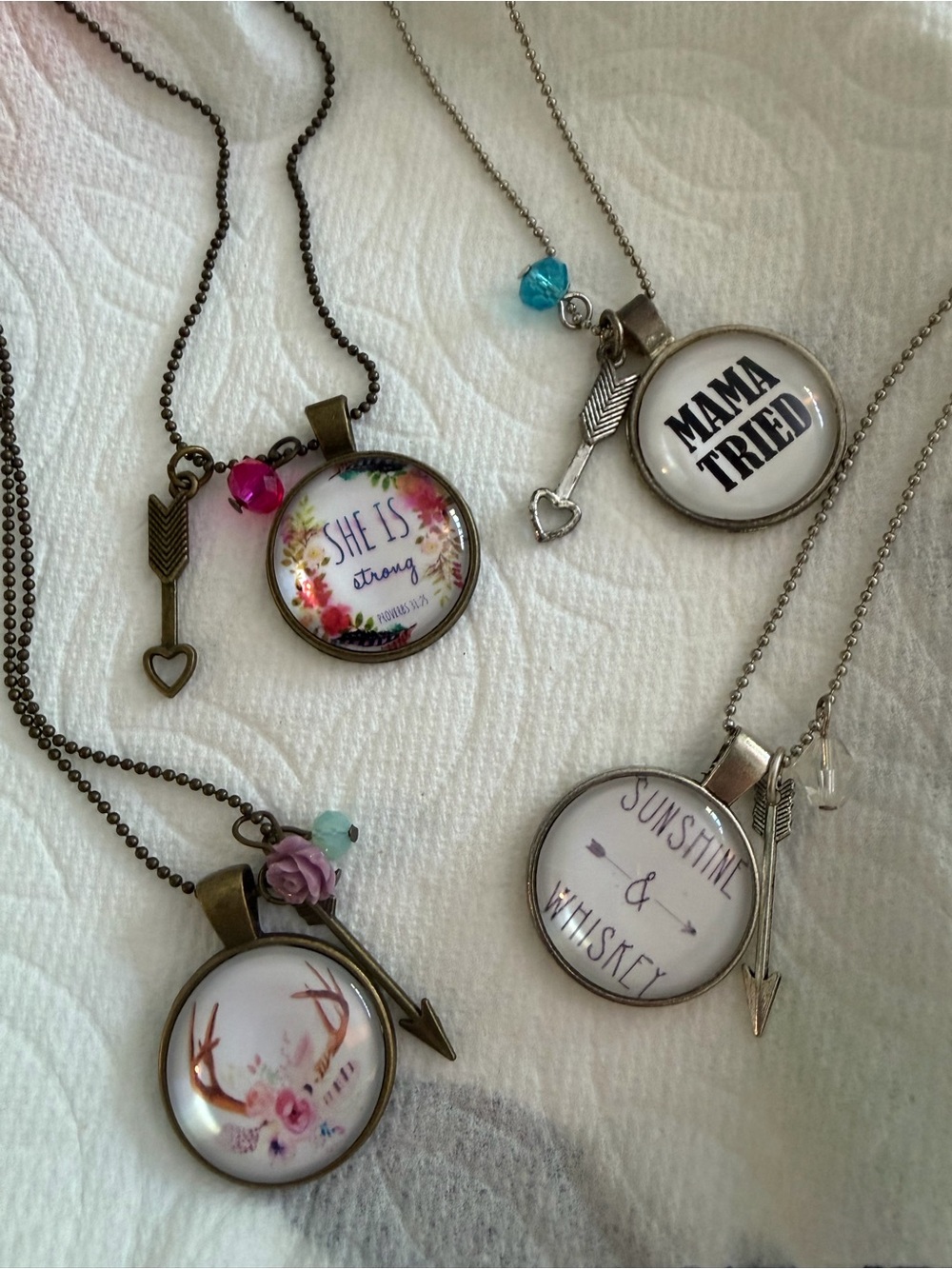 Inspirational Arrow Pendant Necklaces — Pink, Teal, Brass Tones